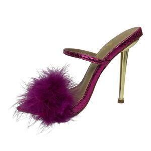 SheIn Women's Purple Fuzzy Fur Pointed Toe Slip On Gold Stiletto Heels Sandals 8